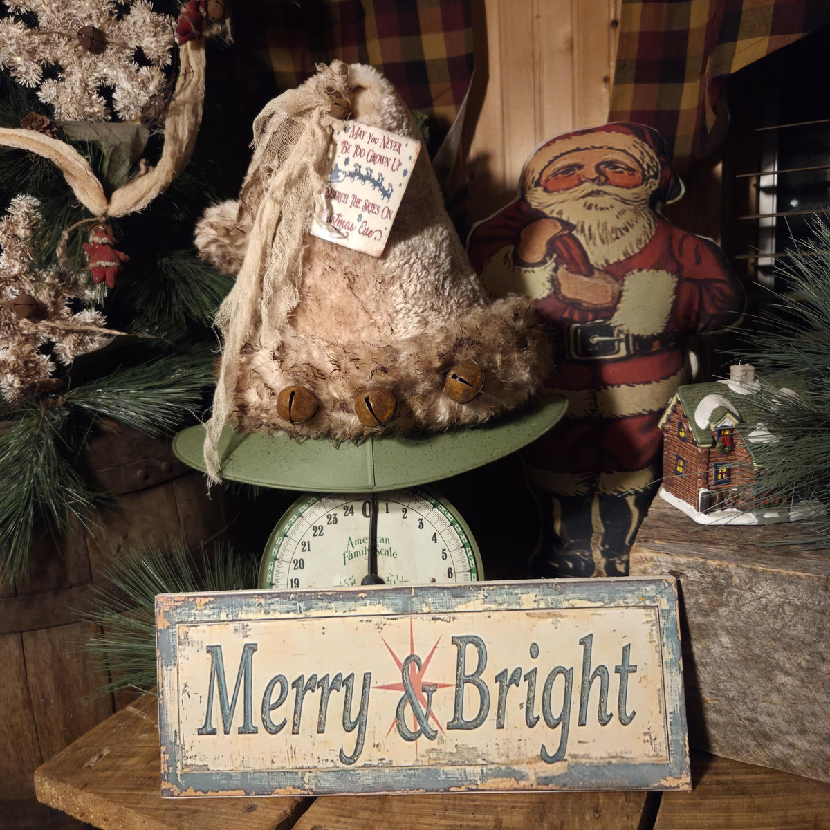 Premium Limited Edition Primitive Rustic Santa Hat Tree Topper | Handcrafted Cream Plush with Rusty Jingle Bells