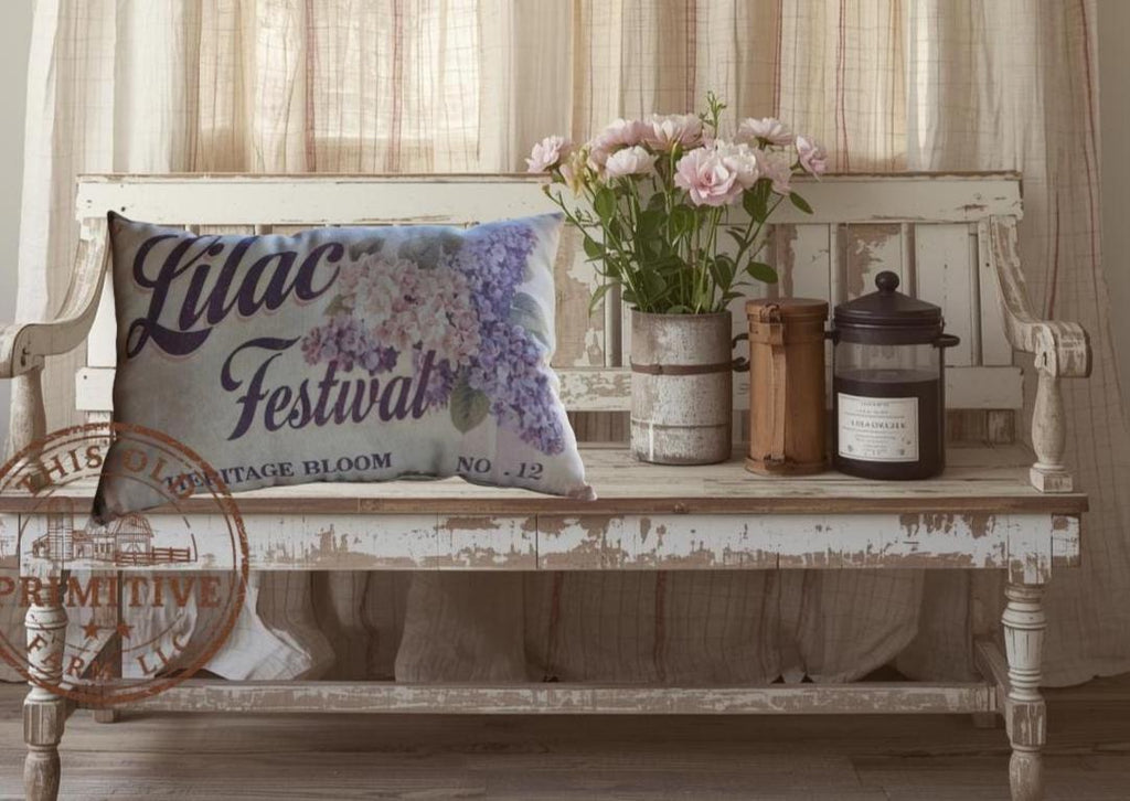 Lilac Festival Pillow | Primitive Feedsack Style Farmhouse Decor (12x17)