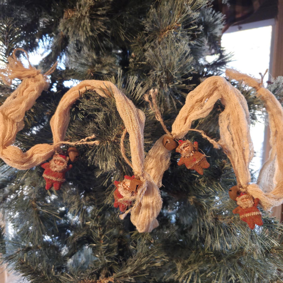 Farmhouse Christmas Garland: 4ft Coffee Stained Cheesecloth with Bells, Vintage Santa