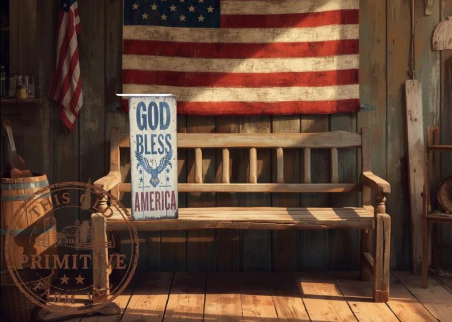 Primitive God Bless America Eagle Sign – Rustic Farmhouse Americana Decor – Folk Art Patriotic Sign