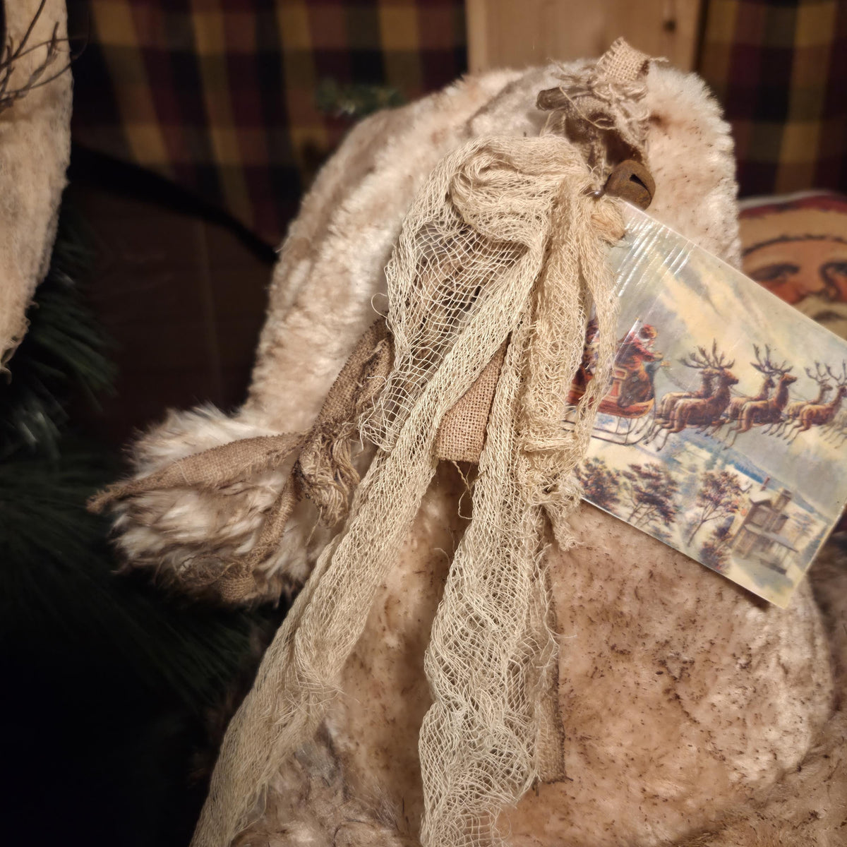 Premium Limited Edition Primitive Rustic Santa Hat Tree Topper | Handcrafted Cream Plush with Rusty Jingle Bells