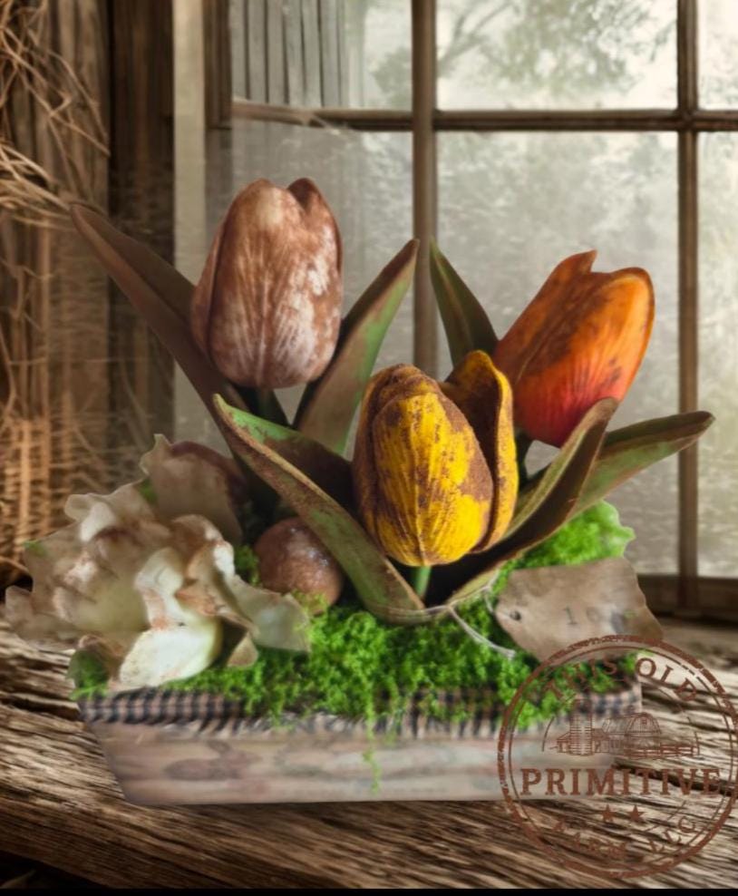 Spring Market Tulip Crate – Mini Primitive Mercantile Shelf Display – Farmhouse Easter Decor
