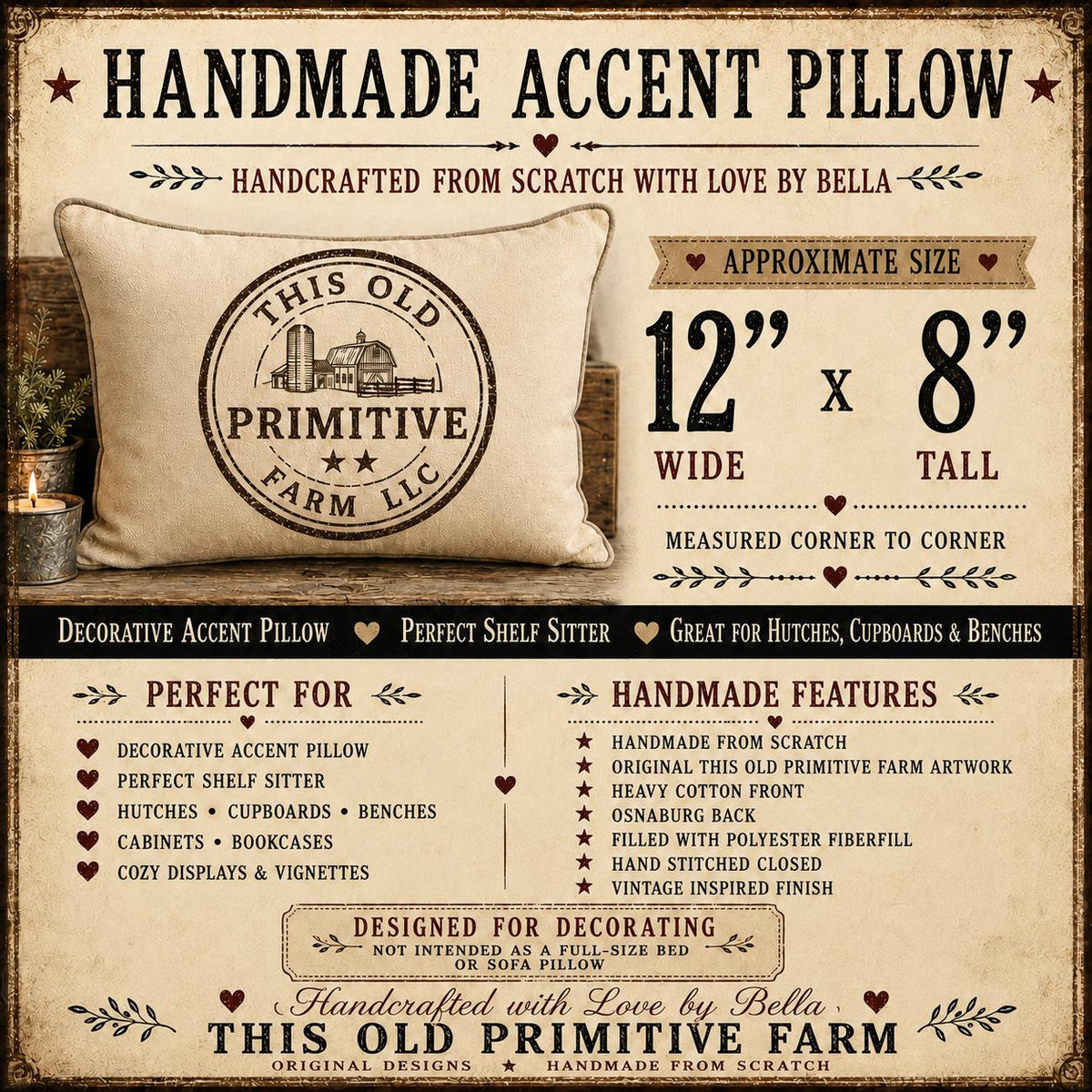 Vintage Black Cat Halloween Pillow | Primitive Farmhouse Rustic Shelf Sitter