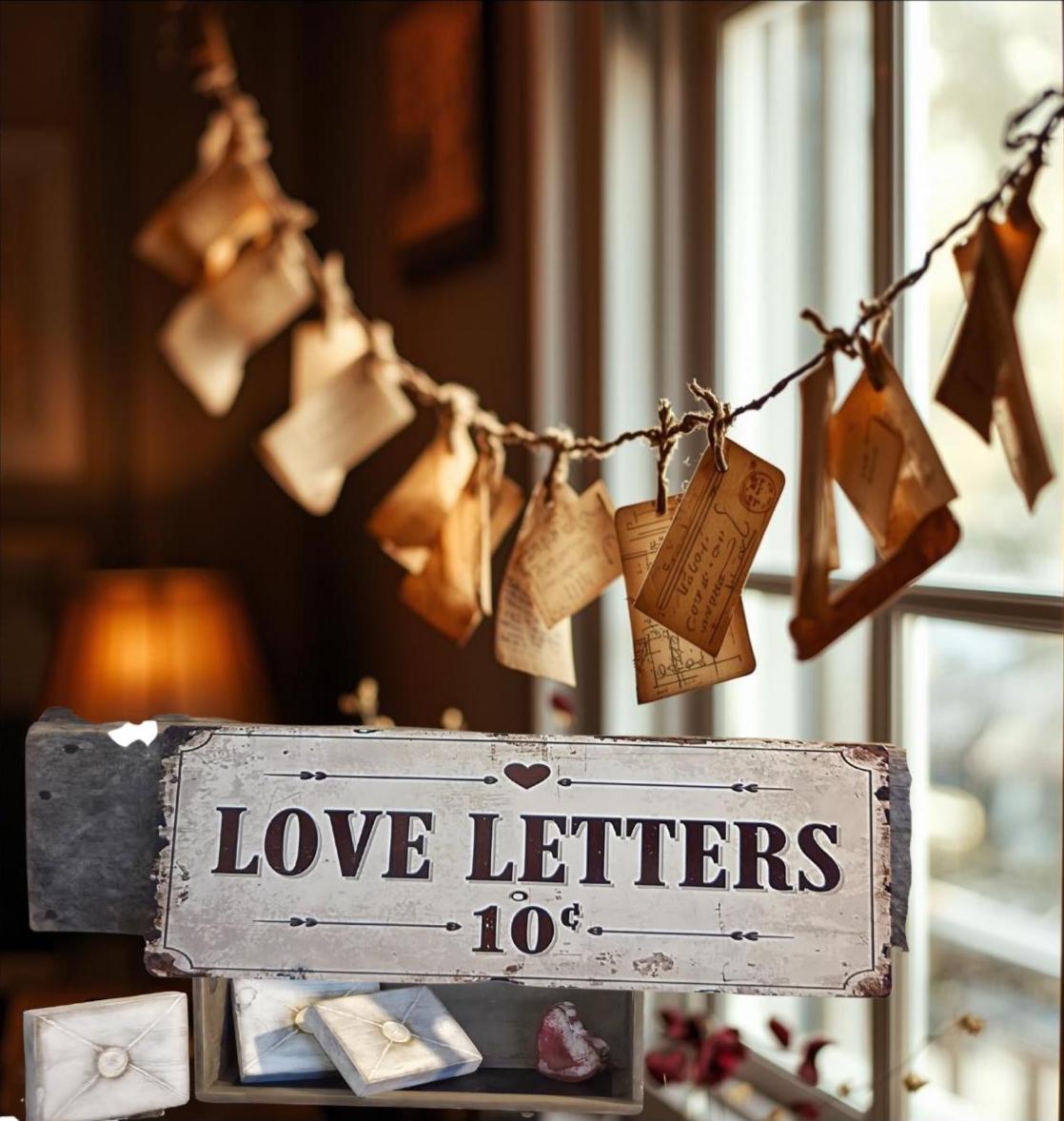 Primitive Valentine Metal Sign “Love Letters 10 cents” | Vintage Valentine Decor | Rustic Farmhouse Love Sign