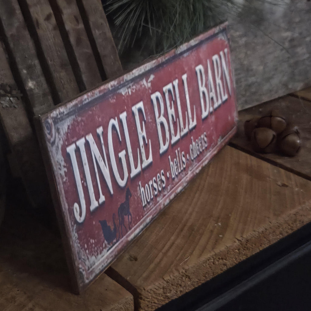 Handmade Jingle Bell Barn Sign | Rustic Farmhouse Holiday Decor (13x5)
