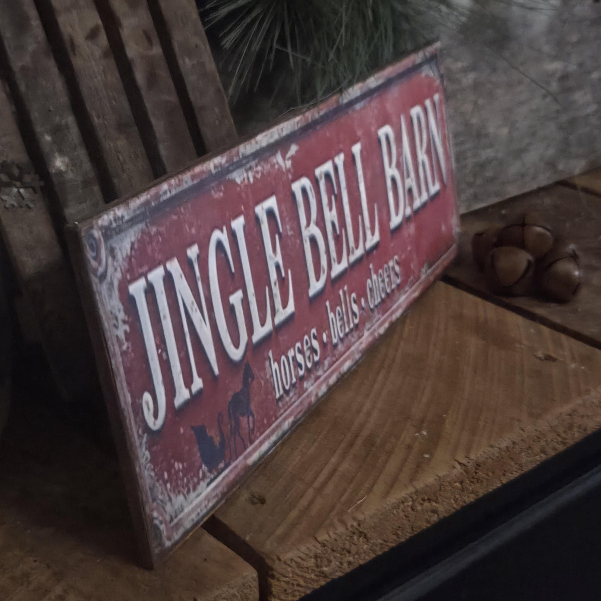 Handmade Jingle Bell Barn Sign | Rustic Farmhouse Holiday Decor (13x5)