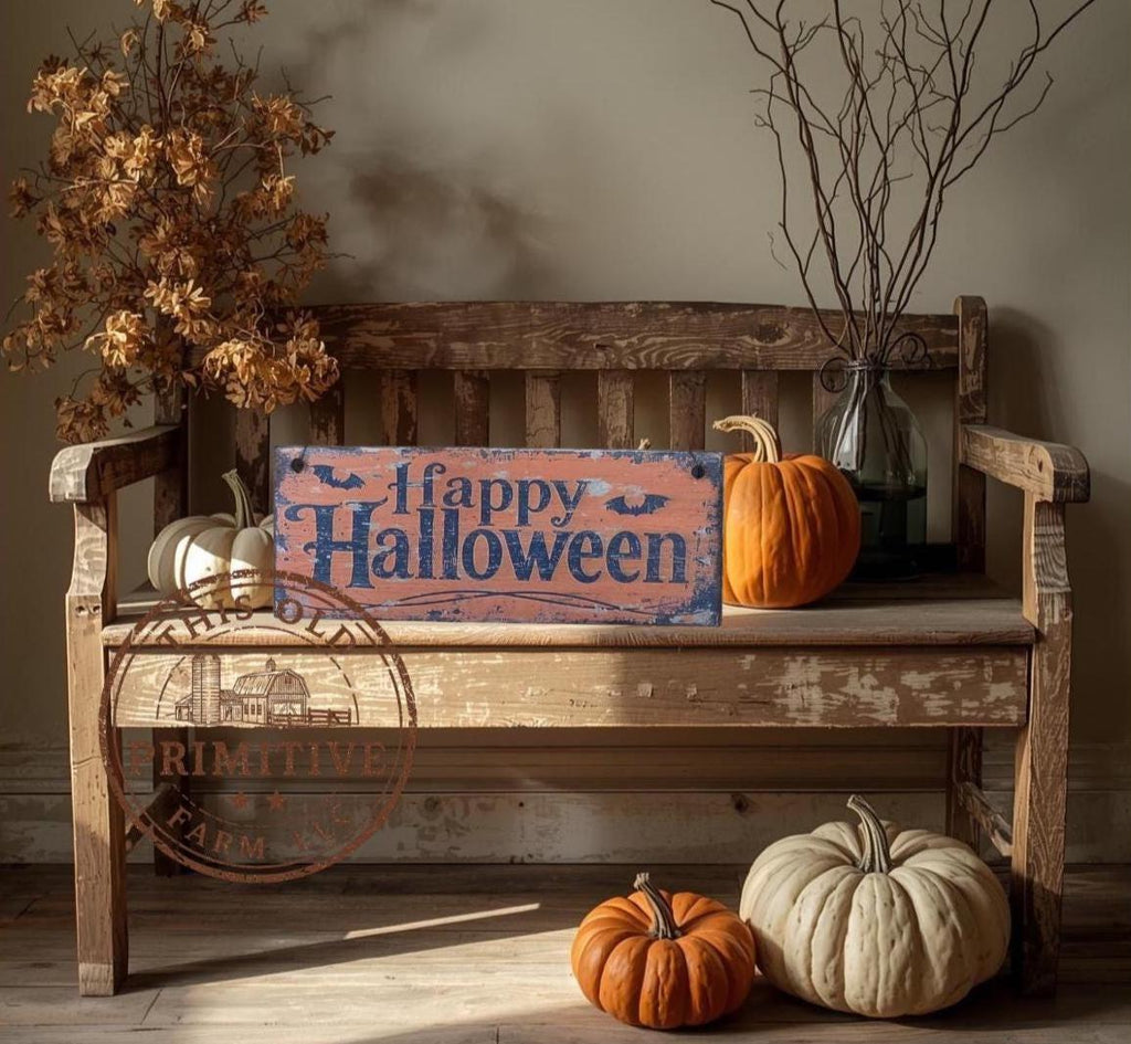 Primitive Happy Halloween Wood Sign | Rustic Farmhouse Folk Art Decor (13" x 5")