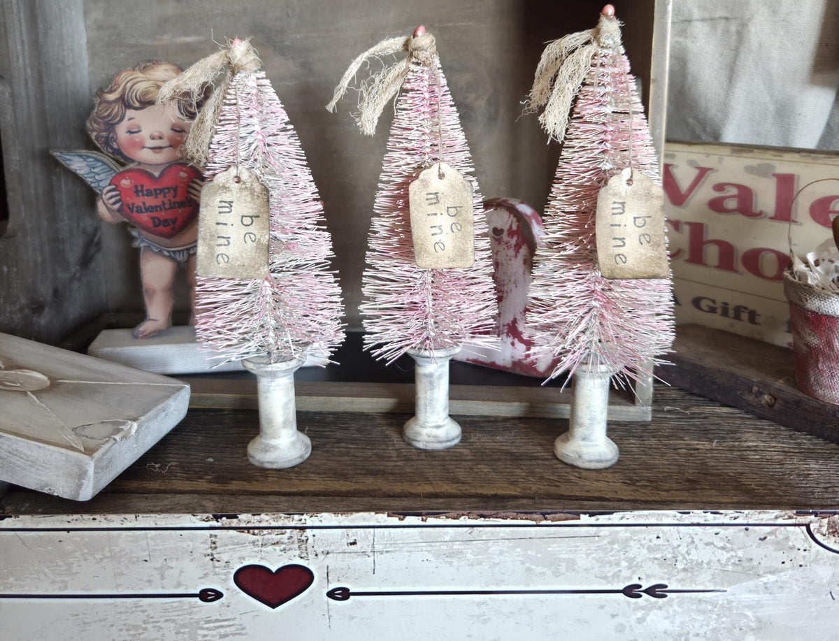 Primitive Valentine Bottle Brush Trees Set | Hand Painted Distressed Farmhouse Decor
