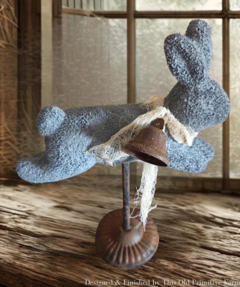 Primitive Farmhouse Bunny Decor – Faux Plaster Stone Finish – Rustic Spring Easter Rabbit – Vintage Inspired Shelf Accent