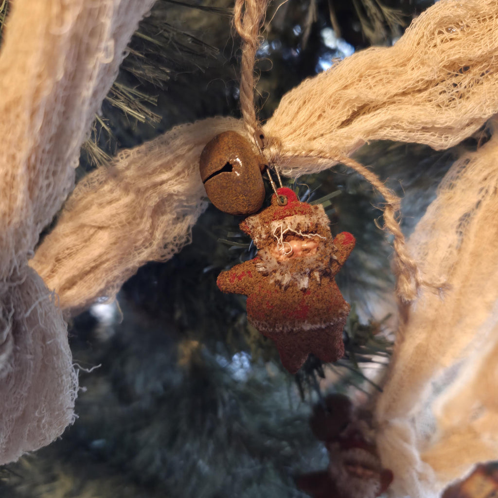 Farmhouse Christmas Garland: 4ft Coffee Stained Cheesecloth with Bells, Vintage Santa