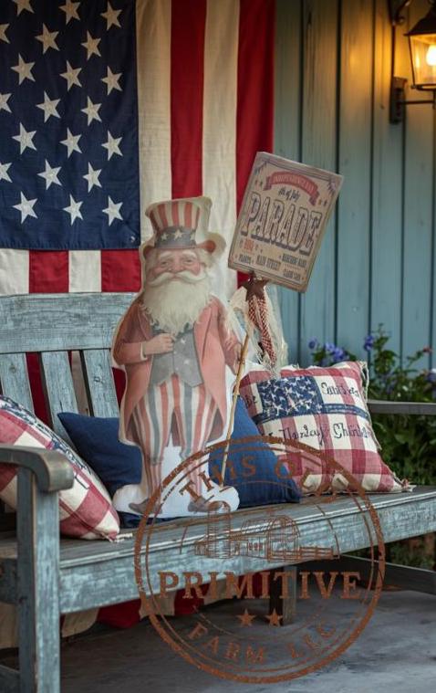 Primitive Uncle Sam Doll | Patriotic Americana Folk Art Shelf Sitter, July 4th Decor