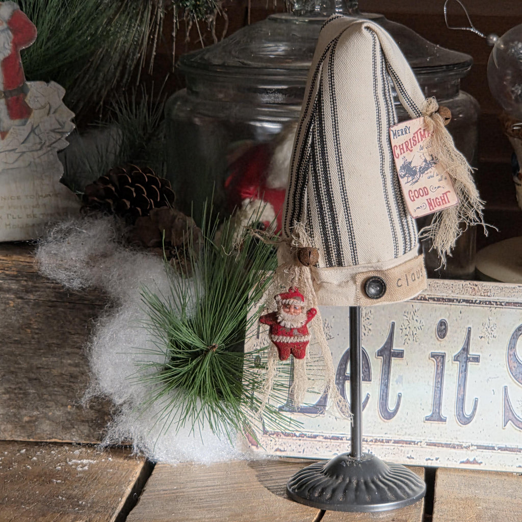 Handmade Farmhouse Santa Hat – Black Cream Duck Cloth, Primitive Christmas Décor