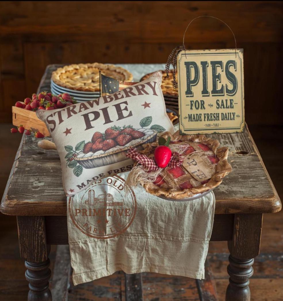 Primitive Strawberry Pie Pillow or Faux Pie | Americana Farmhouse Decor | Rustic Kitchen Decor | Baked Fresh Daily | Primitive Shelf Decor