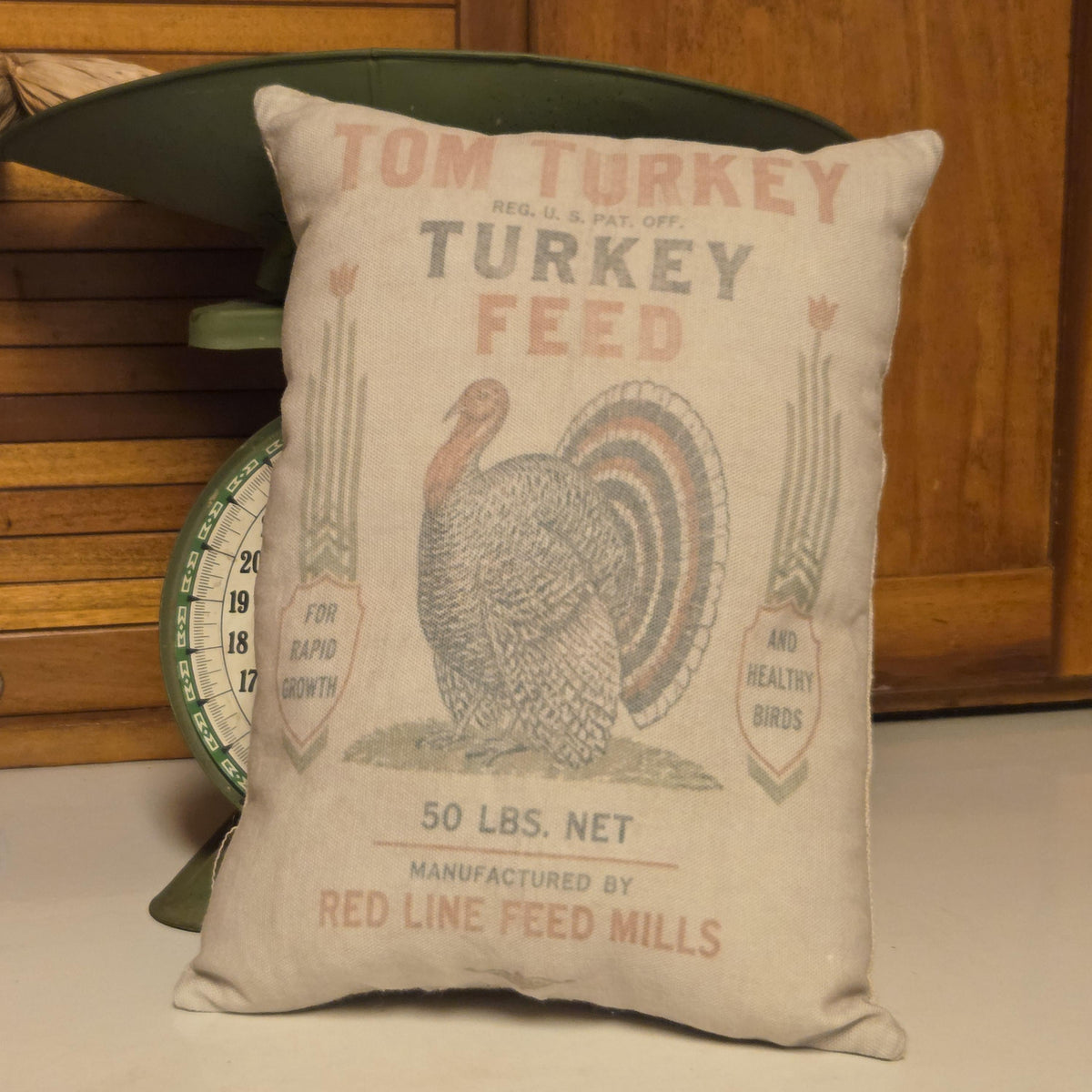 Tom Turkey Pillow, Thanksgiving Feedsack shelf sitter, Primitive farmhouse fall decor