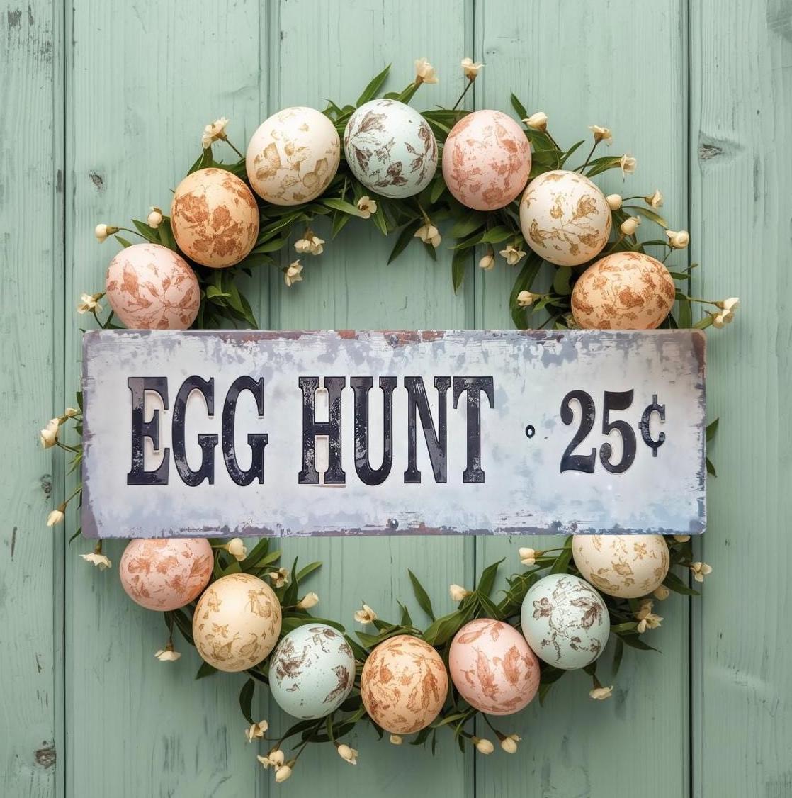 Primitive Egg Hunt Metal Sign | Vintage Farmhouse Easter Decor (6x18)