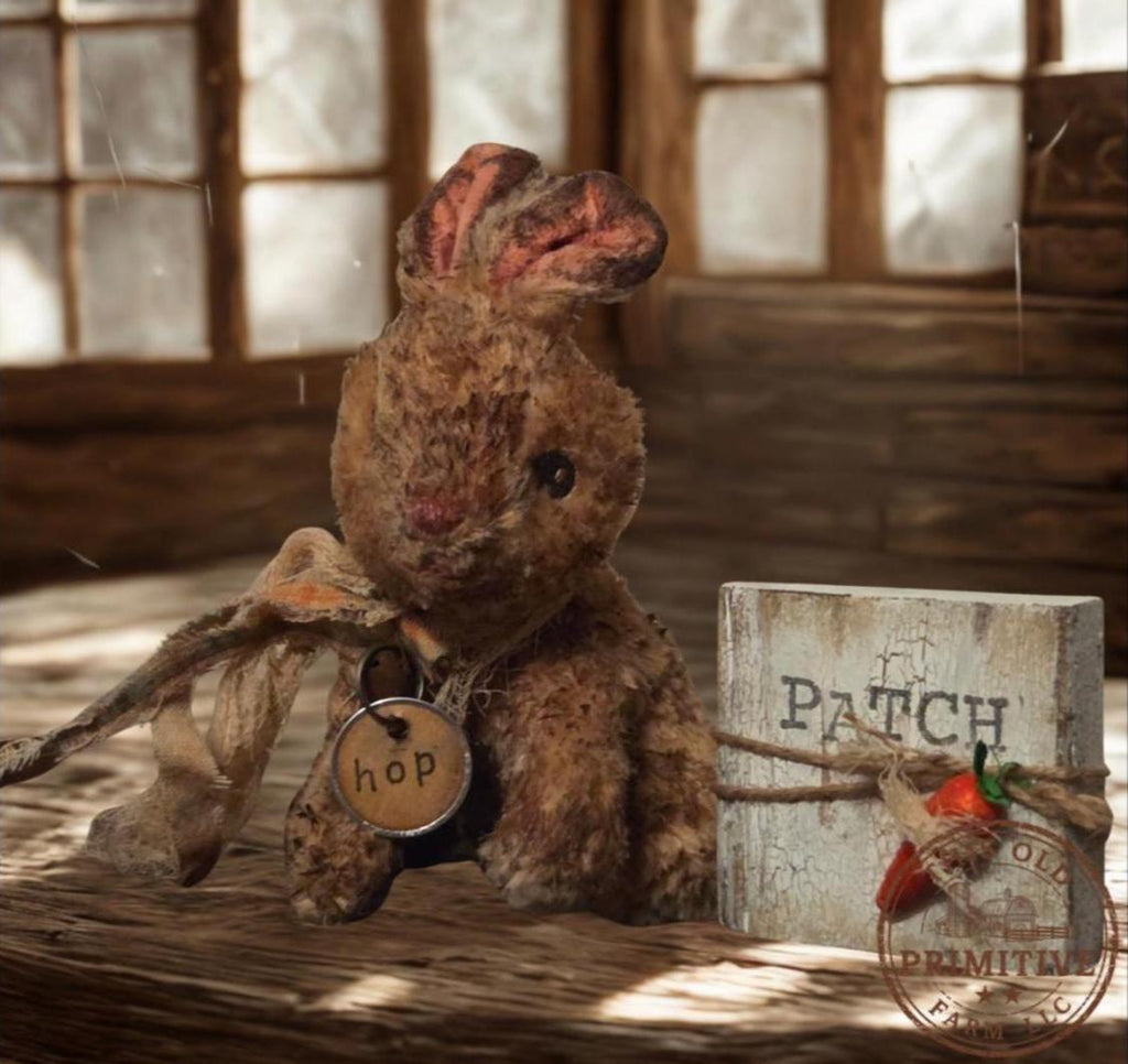 Primitive Grunged Bunny Shelf Sitter – Handmade Spring Bunny Decor – Rustic Farmhouse Easter Bunny with Wood Block Sign