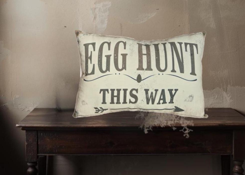 Primitive Easter Egg Hunt Pillow – Farmhouse Spring Decor, Vintage Bunny Accent 12x17