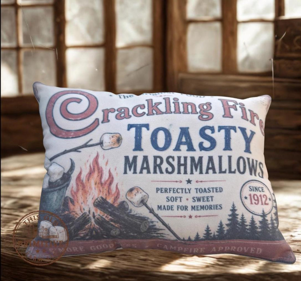 Crackling Fire Toasty Marshmallows Pillow | Vintage Mercantile Farmhouse Accent Sitter