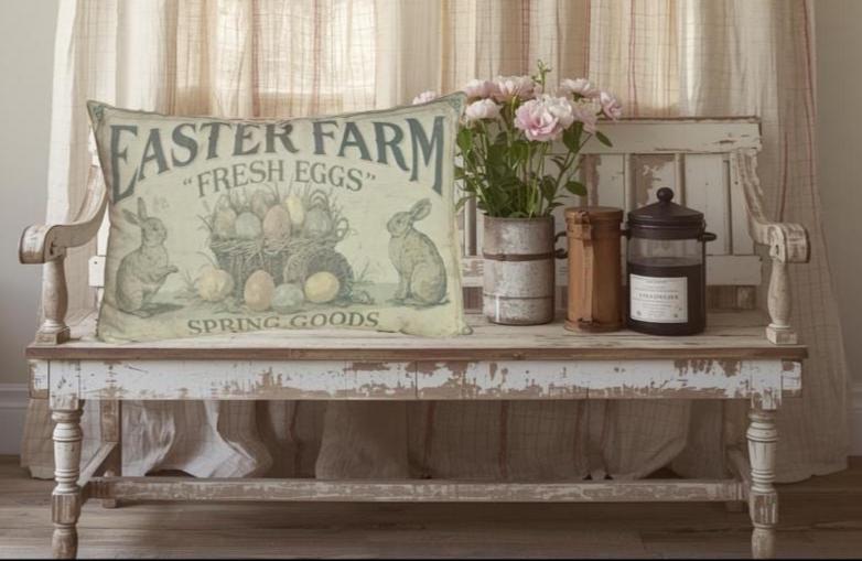 Primitive Easter Farm Fresh eggs Pillow – Farmhouse Spring Decor – Vintage Bunny Market Accent 12x17