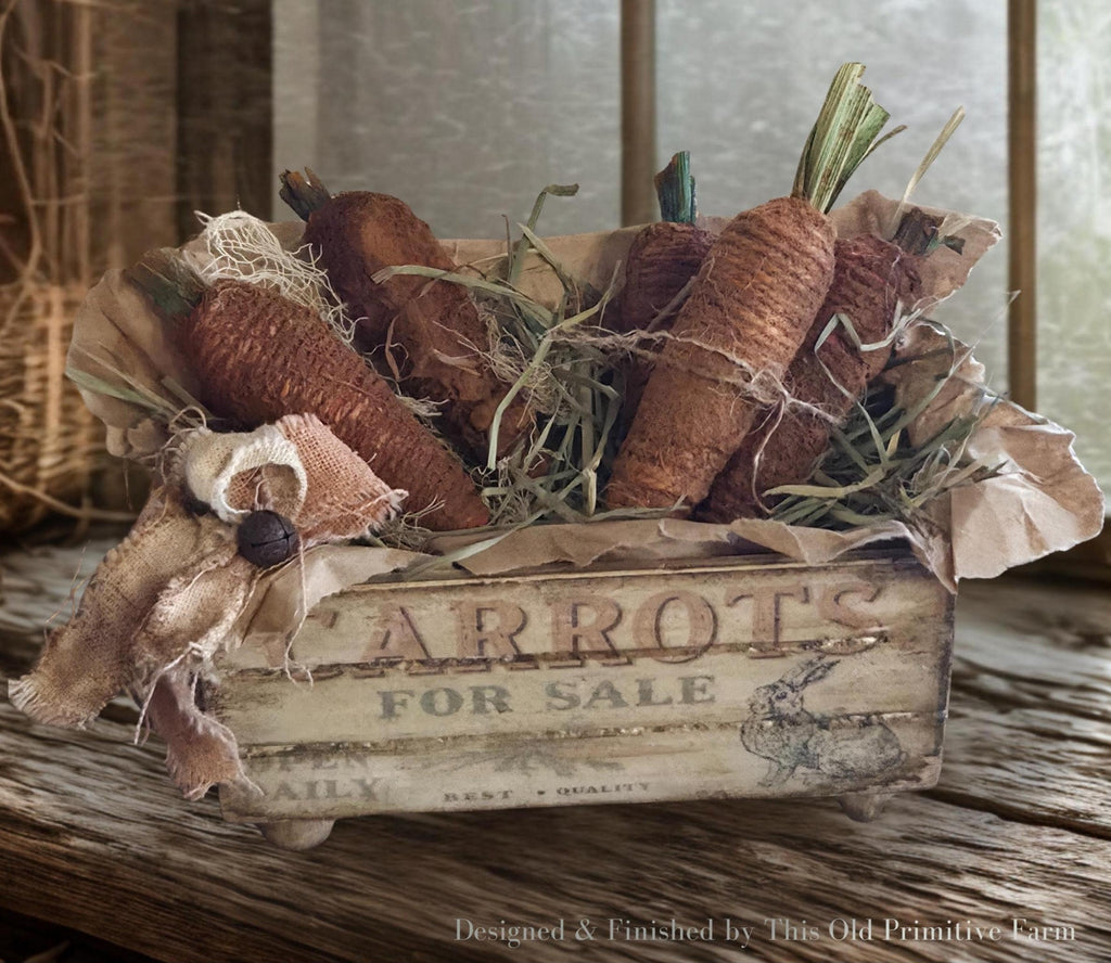 Primitive Carrot Crate Display – Rustic Farmhouse Spring Decor, Cinnamon Carrots
