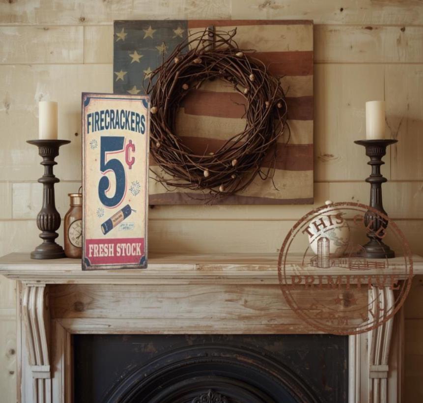 Primitive Firecrackers 5 Cents Sign – Rustic Farmhouse Americana Decor – Folk Art Patriotic Sign