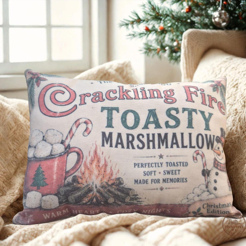 Crackling Fire Toasty Marshmallows Pillow | Vintage Christmas Farmhouse Accent (12x9 inches)