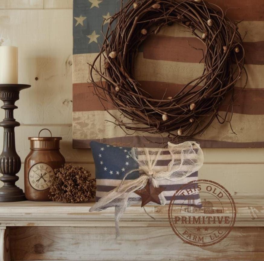 Primitive Betsy Ross 13 Star Flag Pillow | Americana Farmhouse Patriotic Decor