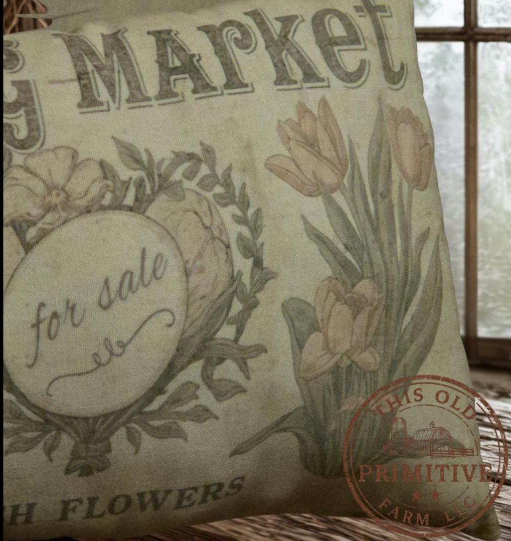 Primitive Easter Spring Market Pillow – Farmhouse Spring Decor – Vintage Bunny Accent 12x17