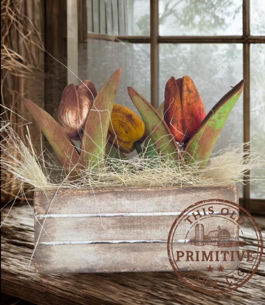Primitive Tulip Crate – Farmhouse Spring Market Arrangement, Rustic Decor