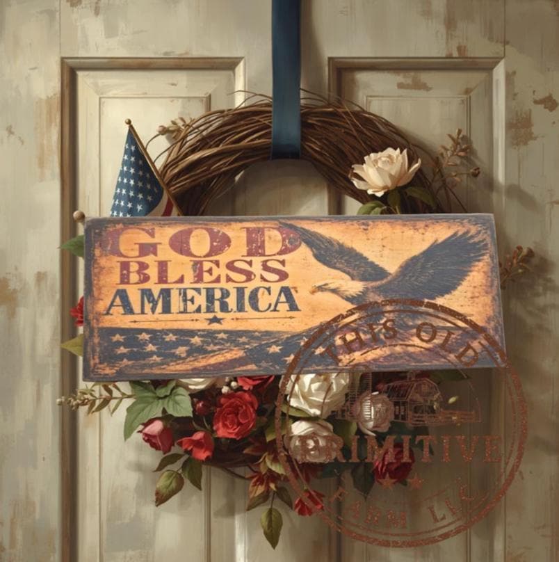 Primitive God Bless America Eagle Flag Sign – Rustic Americana Farmhouse Decor