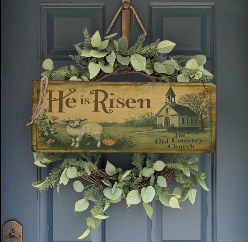 Primitive Easter Wood Sign – He Is Risen, Country Church, Lamb – Rustic Farmhouse Decor