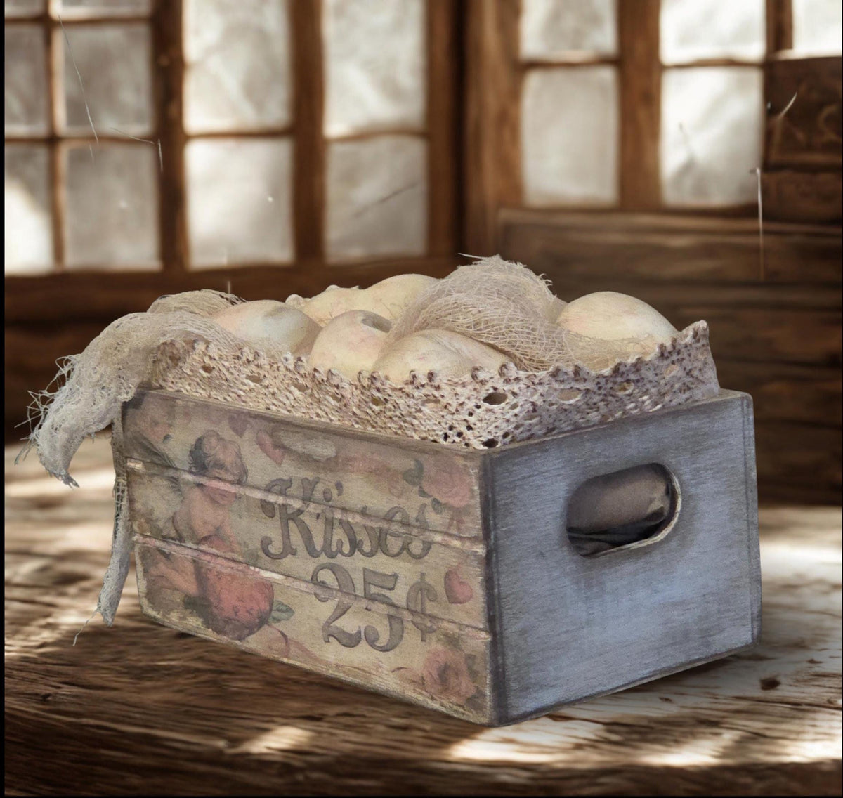 Limited Edition Primitive Valentine Hearts Mini Crate – Handmade Plaster Heart Farmhouse Decor