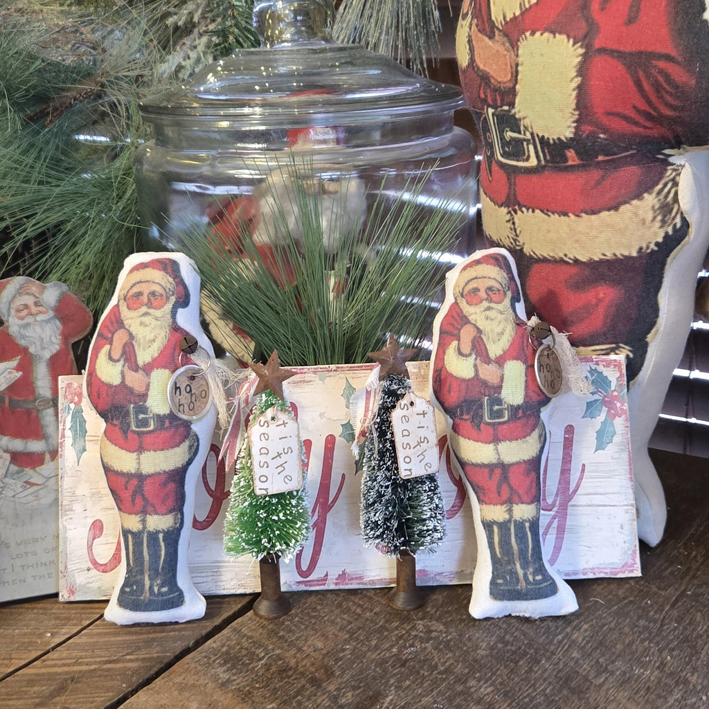 Primitive Santa Christmas Decor | Rustic Farmhouse Santa Gift | Bottle Brush Tree with Rusty Star on Wooden Spool | Nostalgic Holiday Shelf