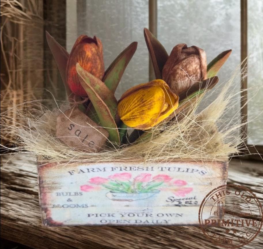 Primitive Tulip Crate – Farmhouse Spring Market Arrangement, Rustic Decor