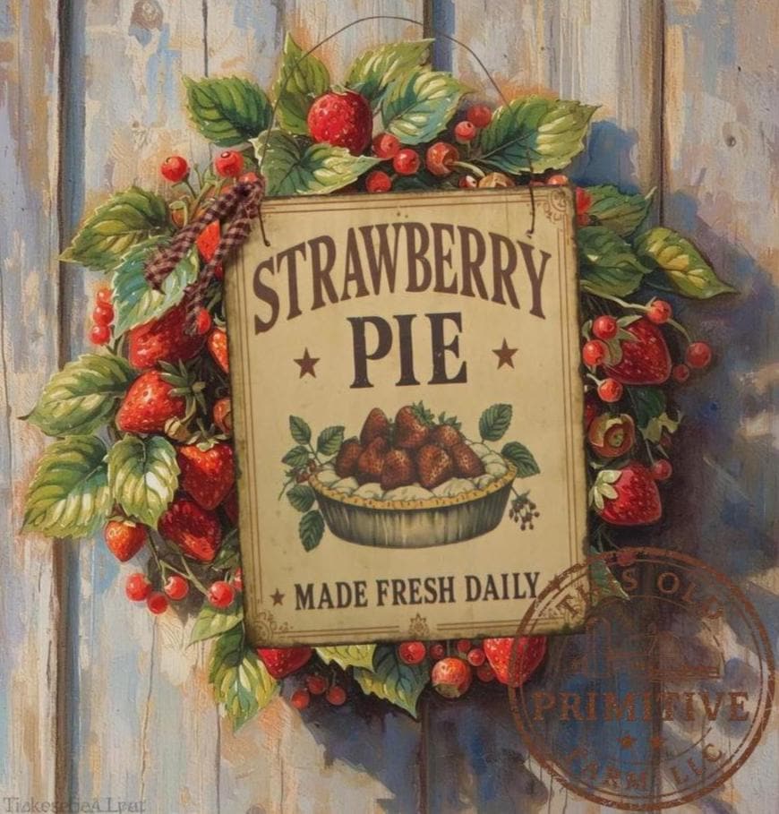 Primitive Strawberry Pie Sign – Farmhouse Kitchen Decor, Rustic Bakery Wall Art