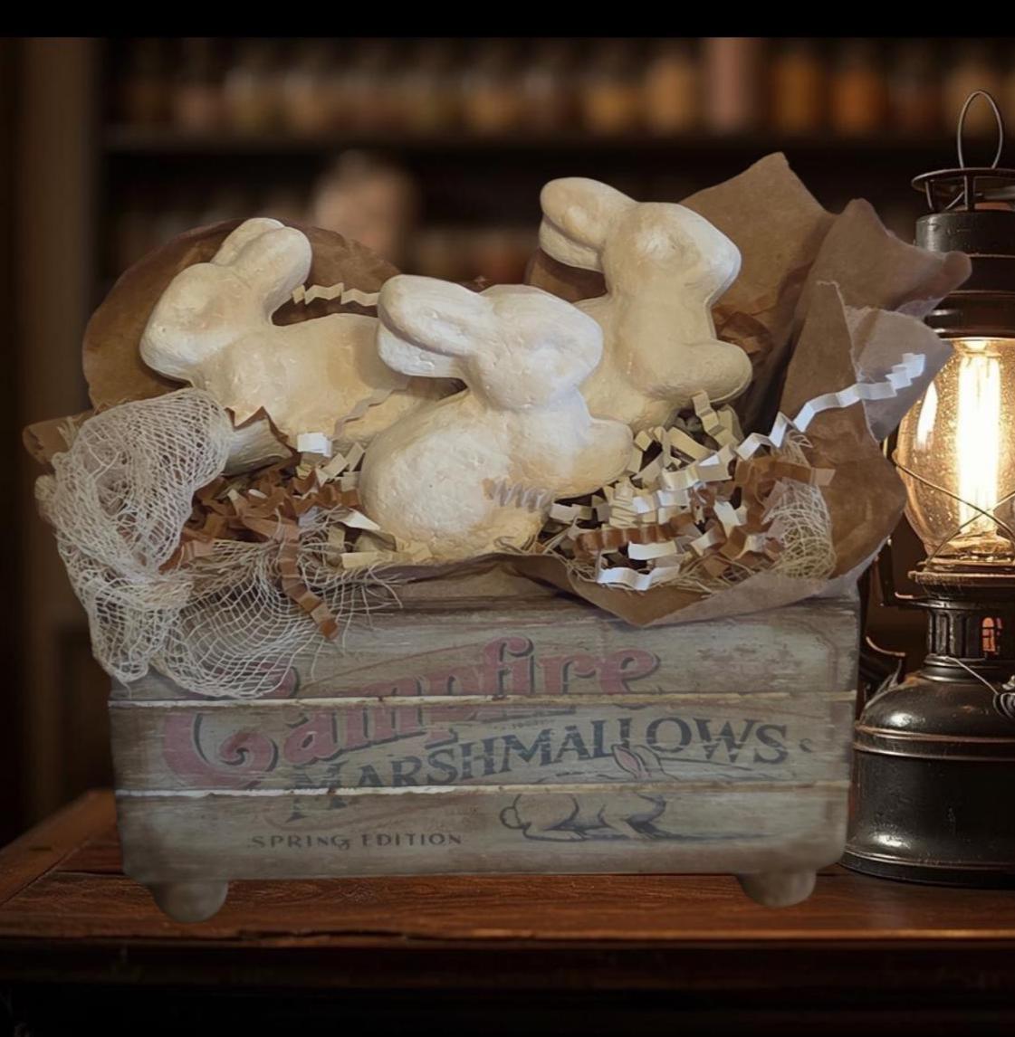Spring Campfire Marshmallows Crate – Mini Primitive Bunny Mercantile Shelf Display – Farmhouse Easter Decor