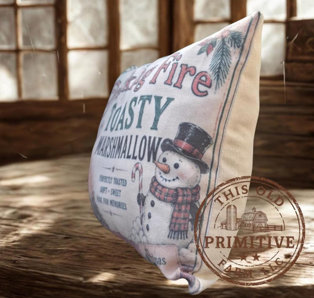 Crackling Fire Toasty Marshmallows Pillow | Vintage Christmas Farmhouse Accent (12x9 inches)