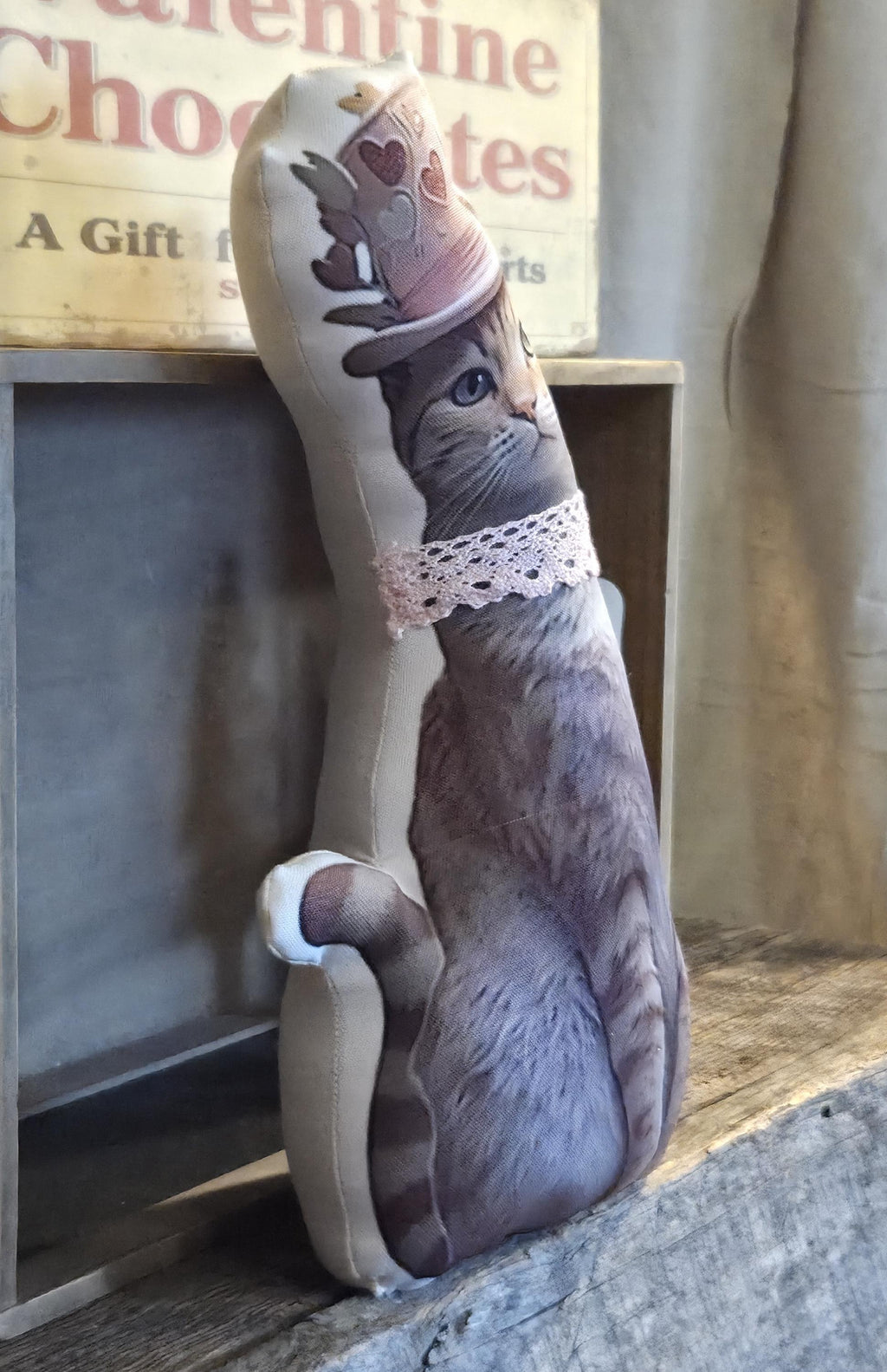 Valentine Cat Decor Shelf Sitter | Handmade Fabric Cat Statue | Primitive Farmhouse Valentine Decor