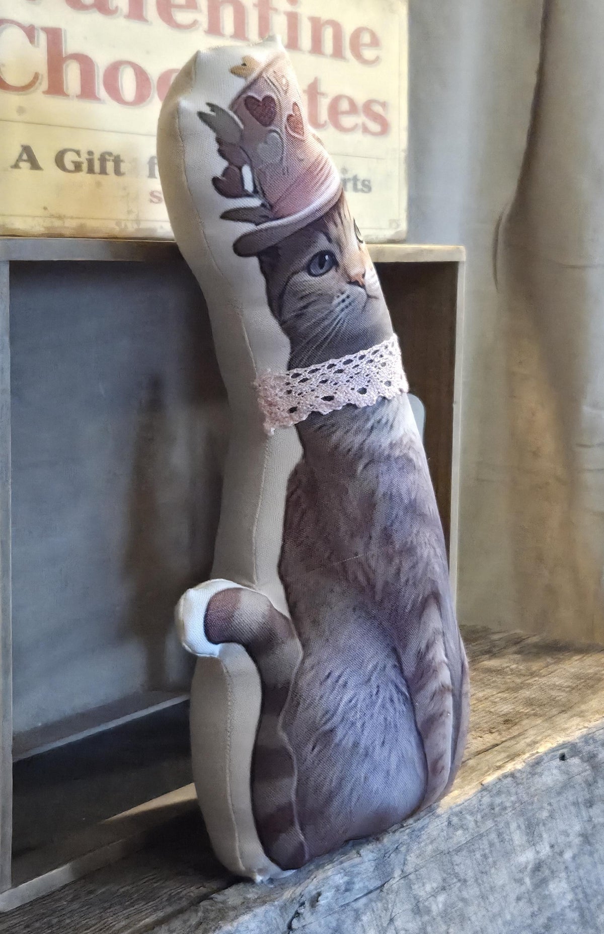 Valentine Cat Decor Shelf Sitter | Handmade Fabric Cat Statue | Primitive Farmhouse Valentine Decor