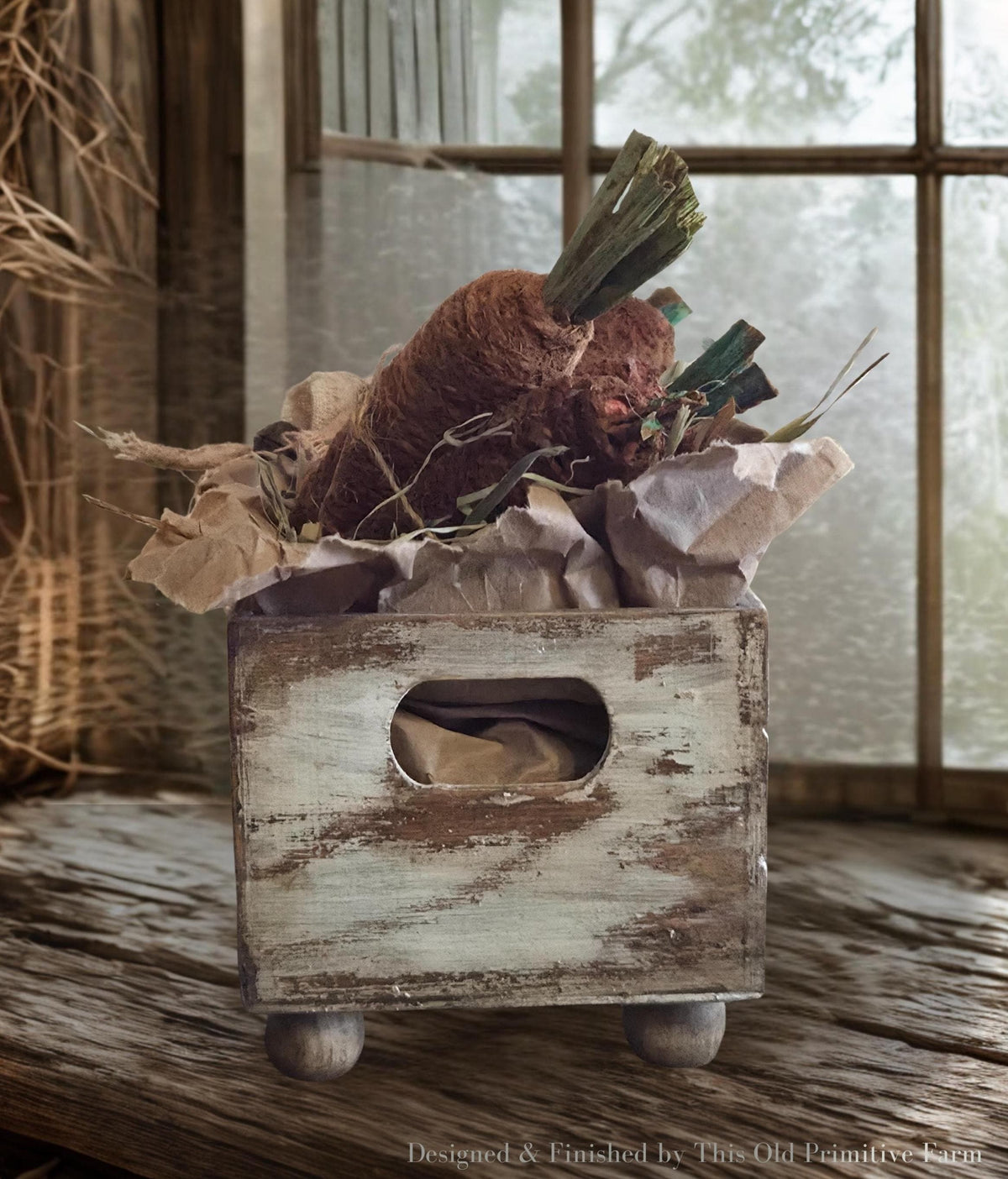 Primitive Carrot Crate Display – Rustic Farmhouse Spring Decor, Cinnamon Carrots