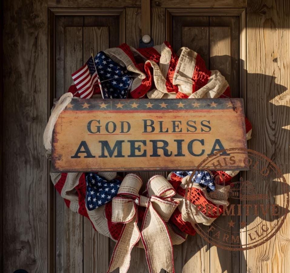 Primitive God Bless America Sign – Rustic Farmhouse Americana Decor – Folk Art Patriotic Sign