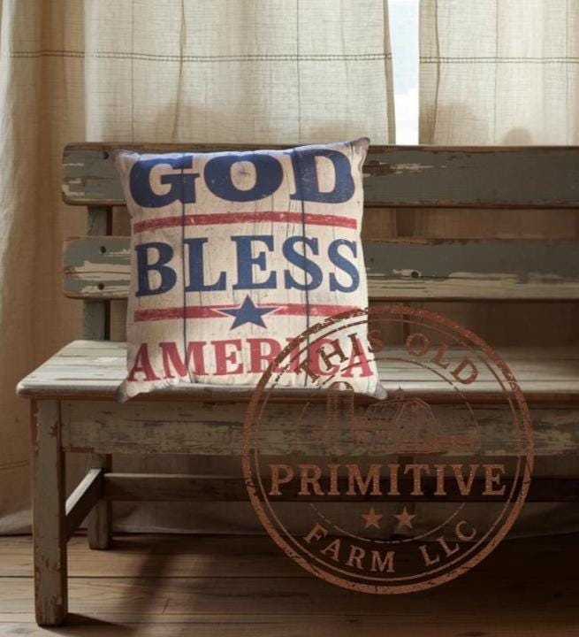 God Bless America Pillow | Primitive Americana Farmhouse Decor (12x12")