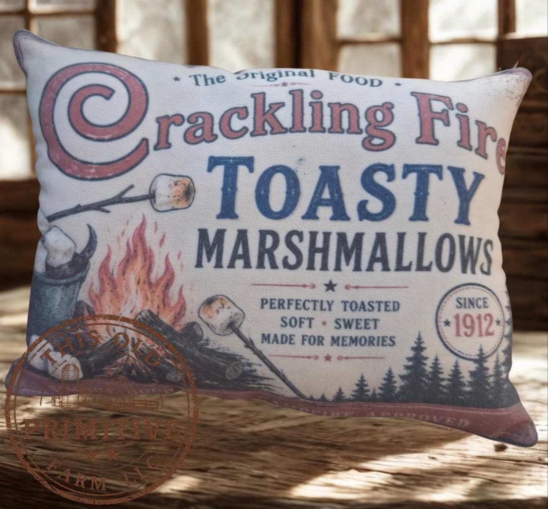 Crackling Fire Toasty Marshmallows Pillow | Vintage Mercantile Farmhouse Accent Sitter