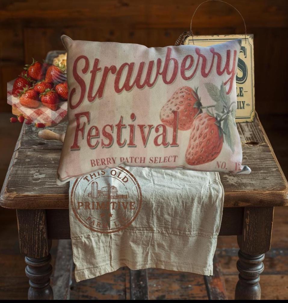 Strawberry Festival Pillow | Primitive Farmhouse Berry Crate Decor (12x9)