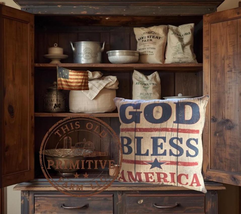 God Bless America Pillow | Primitive Americana Farmhouse Decor (12x12")