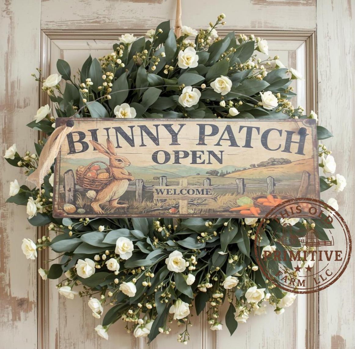 Primitive Bunny Patch Open Sign – Rustic Easter Welcome Decor, Folk Art