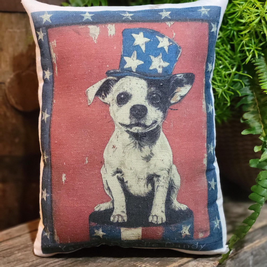 Handmade Uncle Sam Puppy Decorative Pillow: Primitive Farmhouse Americana Folkart (11" x 9")