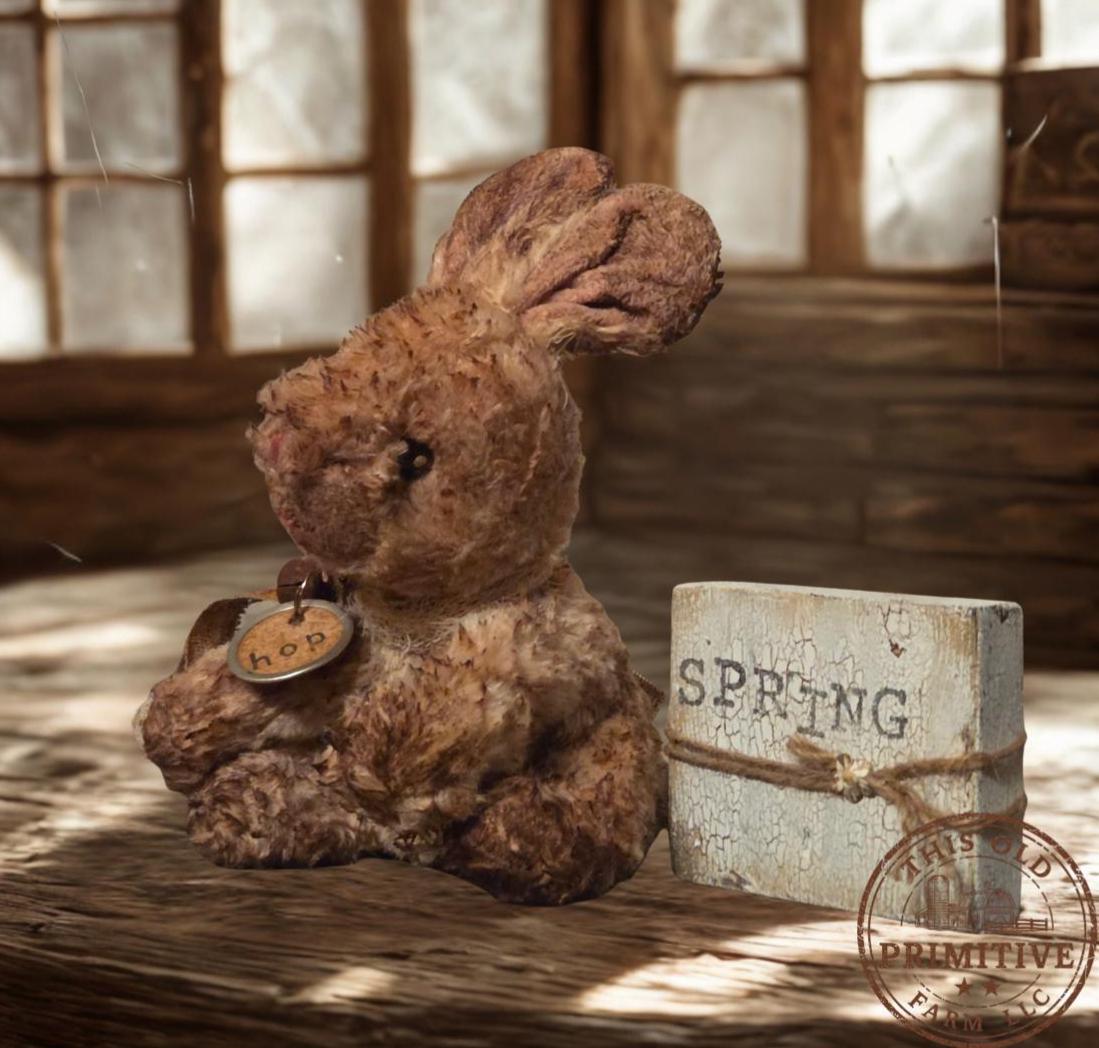 Primitive Grunged Bunny Shelf Sitter – Handmade Spring Bunny Decor – Rustic Farmhouse Easter Bunny with Wood Block Sign