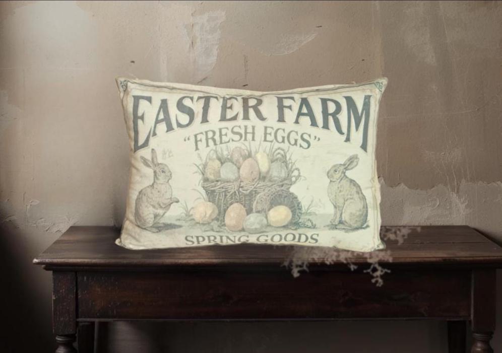 Primitive Easter Farm Fresh eggs Pillow – Farmhouse Spring Decor – Vintage Bunny Market Accent 12x17