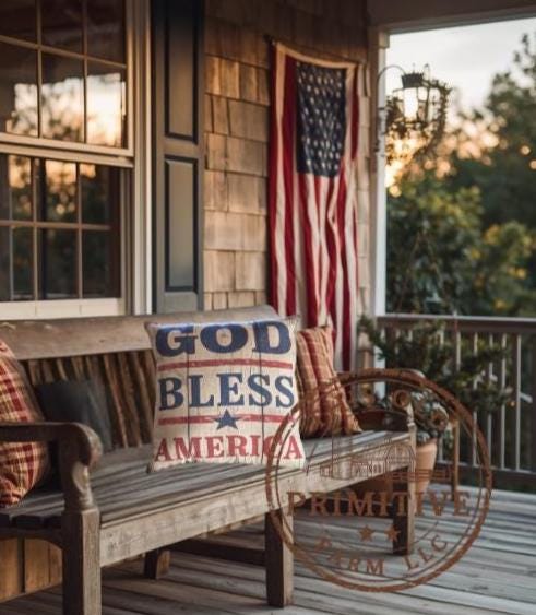 God Bless America Pillow | Primitive Americana Farmhouse Decor (12x12")